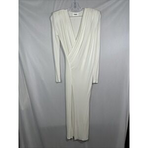 NWD $1750 INTERIOR [ XS ] Padded Shoulder Draped Side Slit Tea Dress Ivory J2261